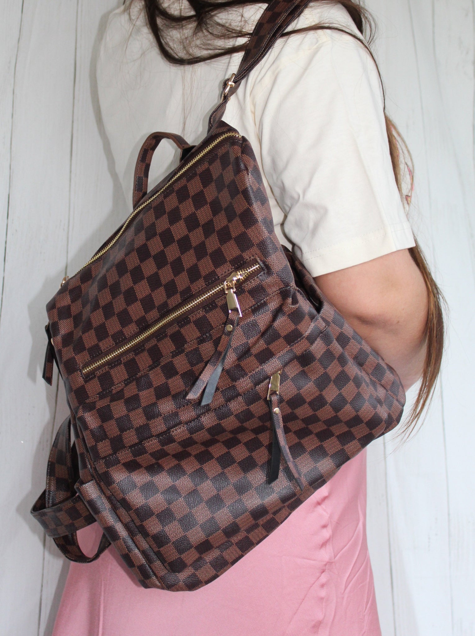 Designer Brown Checker pattern Bookbag – D. Islandsuga Closet LLC